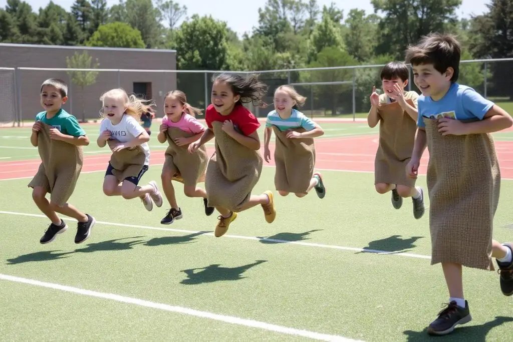 Dzieci uczestniczące w wyścigu w workach podczas zajęć WF