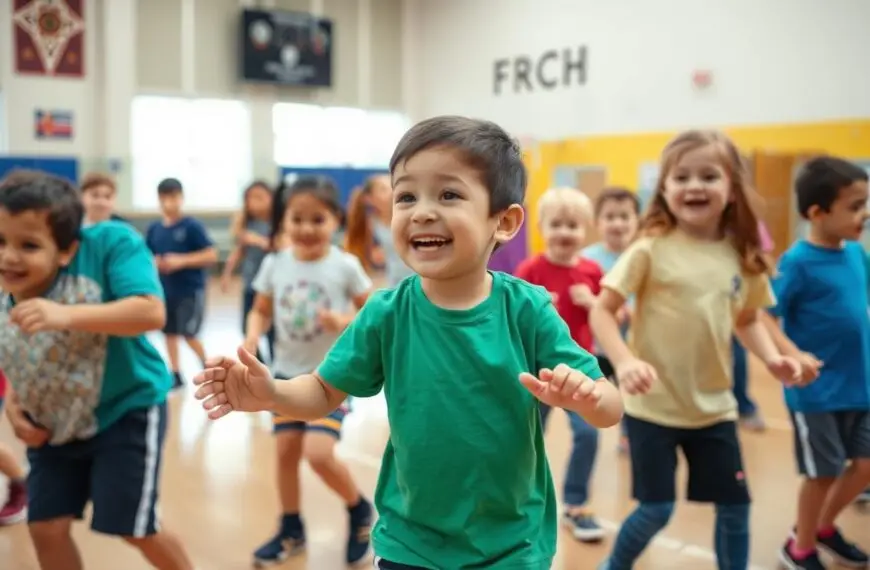 Dzieci uczestniczące w zabawach ruchowych na WF w szkole podstawowej
