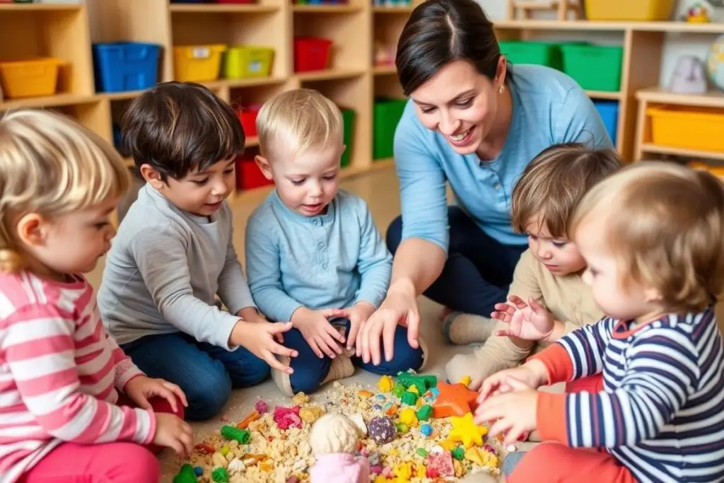 Grupa 3-latków uczestnicząca w zajęciach sensorycznych w przedszkolu