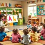 Nauczycielka pokazująca dzieciom w przedszkolu litery podczas nauki szybkiego pisania