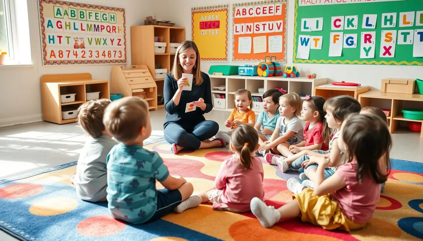 Nauczycielka pokazująca dzieciom w przedszkolu litery podczas zabawy wprowadzanie liter w przedszkolu