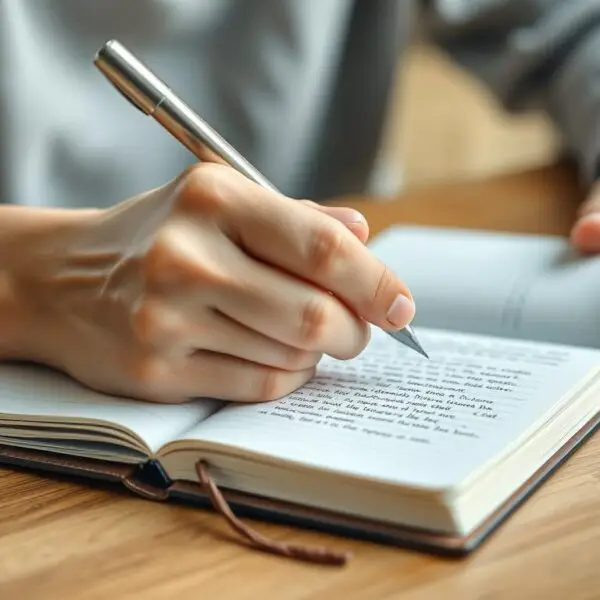 Osoba leworęczna pisząca w zeszycie, ukazująca charakterystyczny układ dłoni podczas pisania