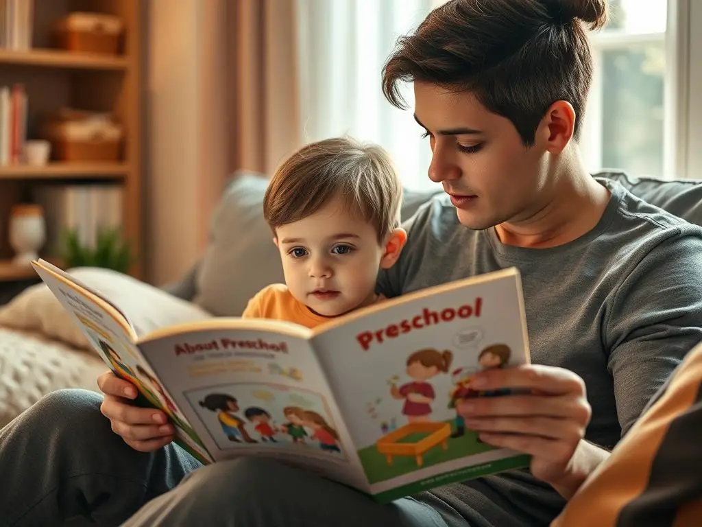 Rodzic czytający dziecku książkę o przedszkolu jako element przygotowania