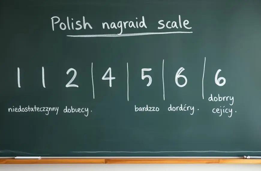 Szkolna skala ocen przedstawiona na tablicy szkolnej z ocenami od 1 do 6