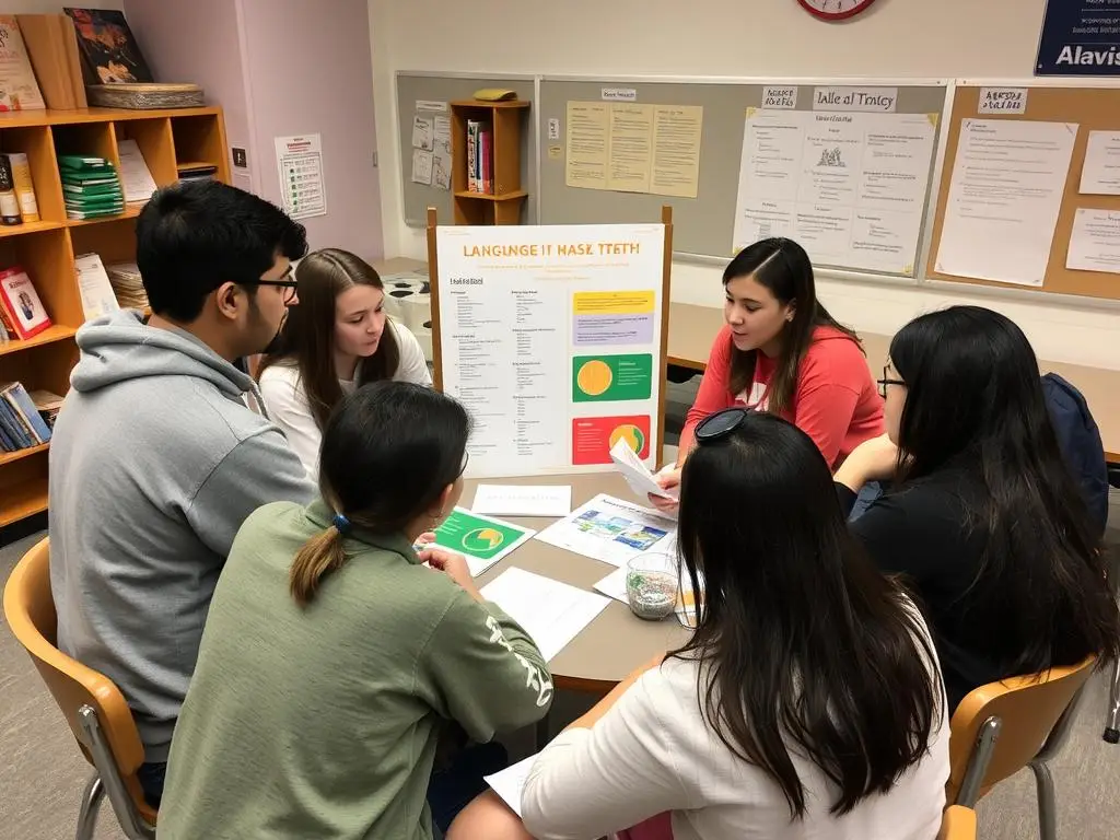 Uczniowie pracujący nad projektem językowym w grupach