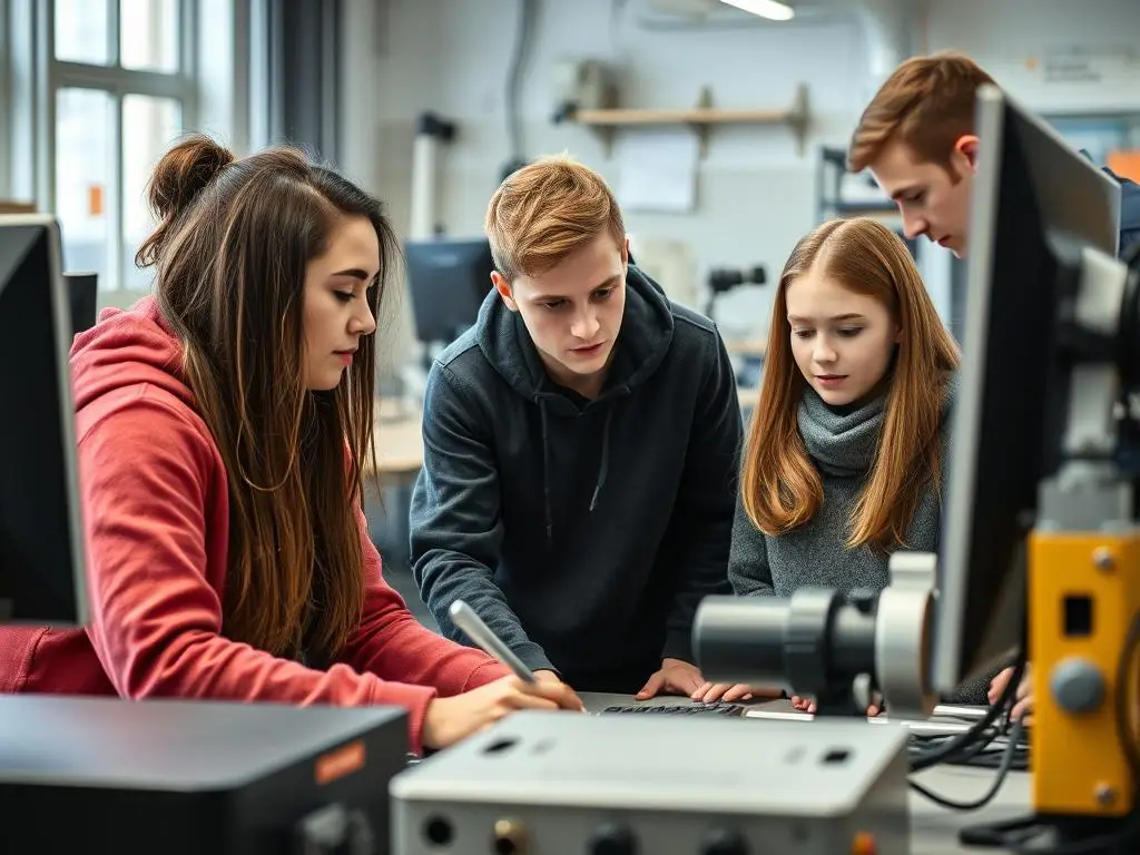 Uczniowie technikum podczas zajęć praktycznych w warsztacie, zdobywający umiejętności zawodowe - liceum czy technikum